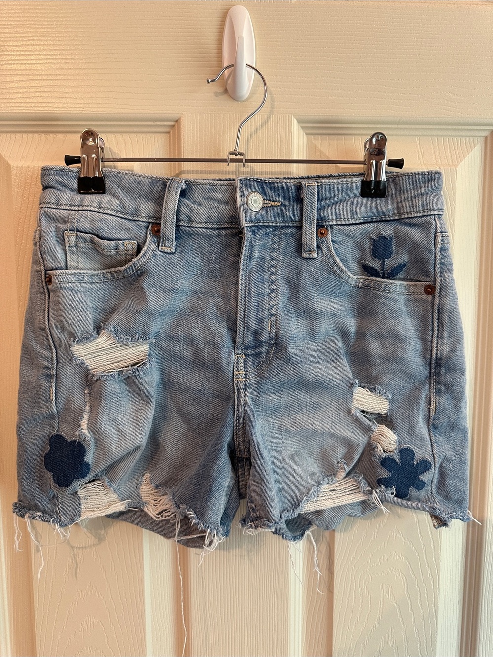 Old Navy Light Blue Distressed Denim Shorts with Navy Floral Patches
